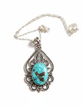 925 Sterling Silver Asian Turquoise Filigree Teardrop Pendant Necklace